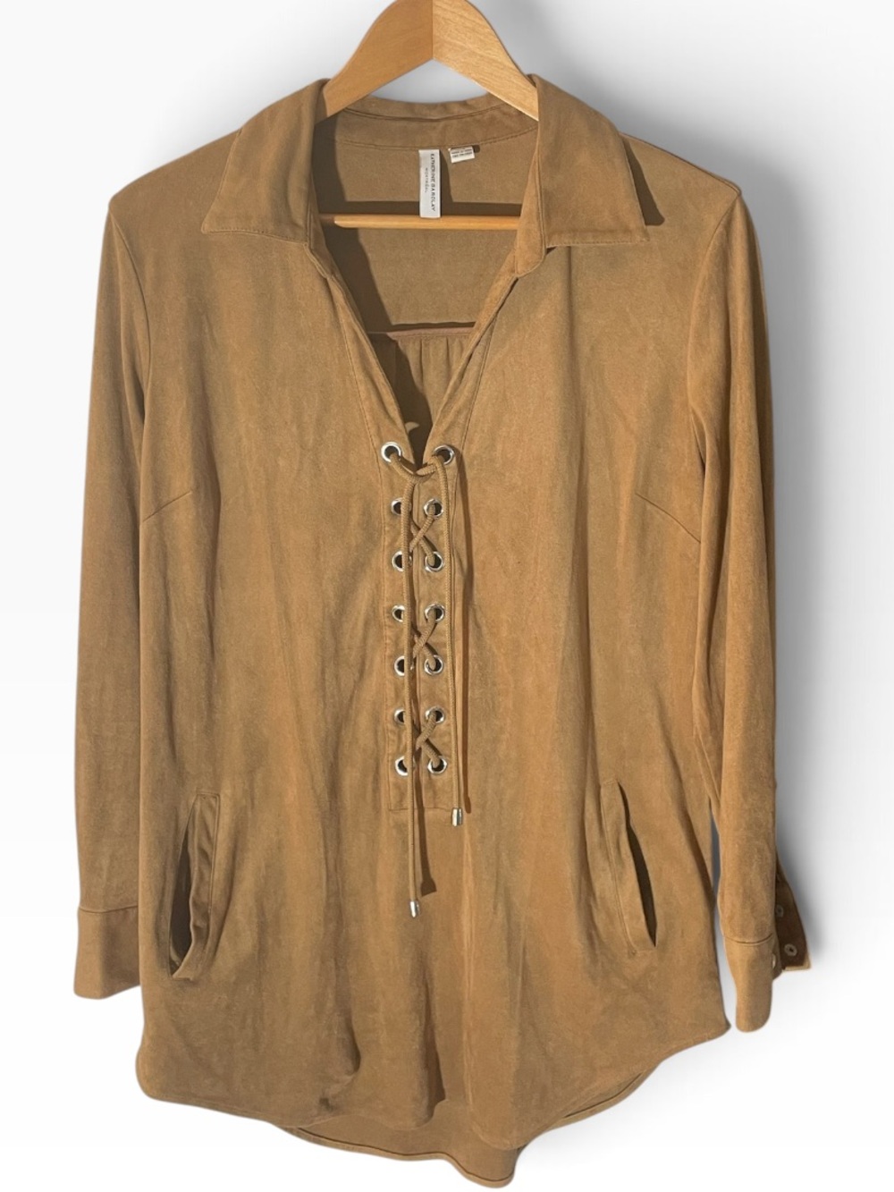 E3- Katherine Barclay large Lace-Up Collar Tunic Top - Tan